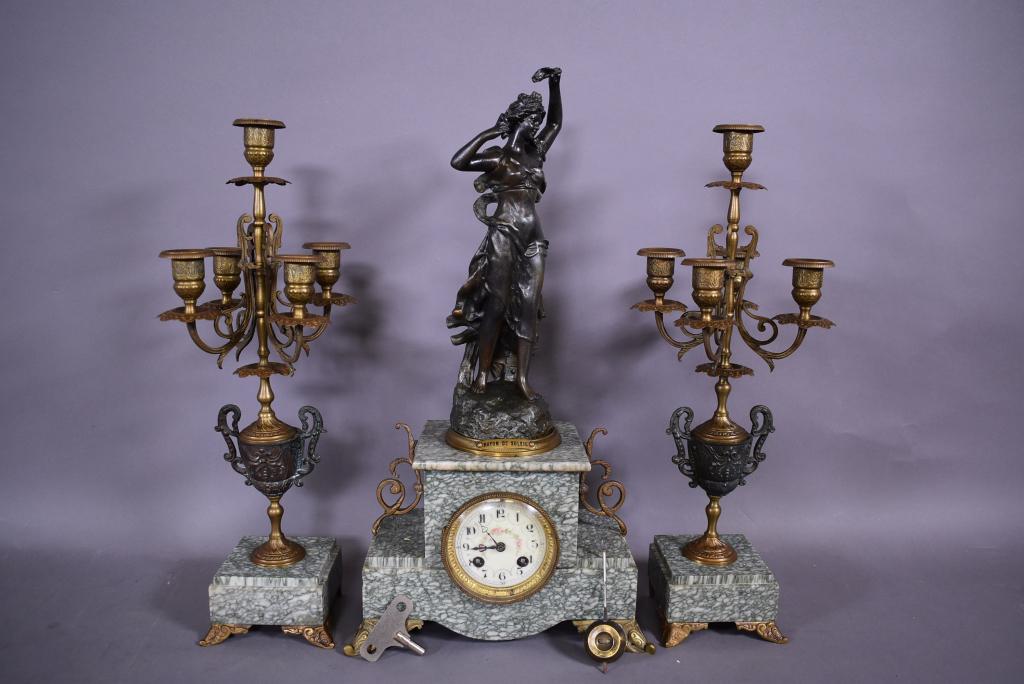 3 PC. FRENCH SPELTER & MARBLE FIGURAL CLOCK SET (1 of 5)