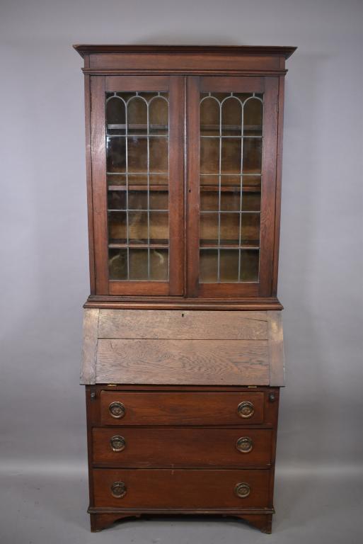 1910'S OAK DROP FRONT SECRETARY W/ BOOKCASE TOP (1 of 3)
