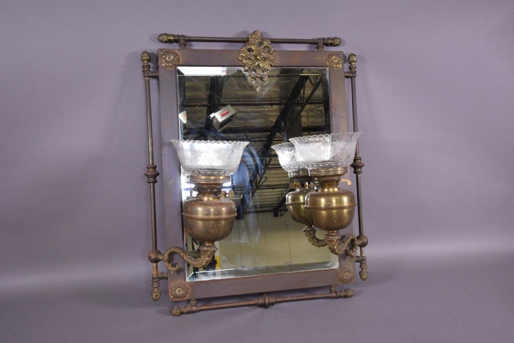 VICT. STYLE BRASS HANGING WALL MIRROR W/ LAMPS (1 of 2)