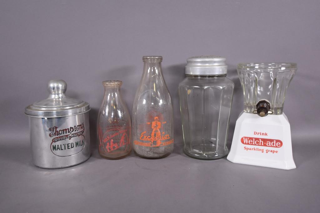MALTED MILK JAR, 2 MILK BOTTLES, DISPENSER, & JAR (1 of 5)