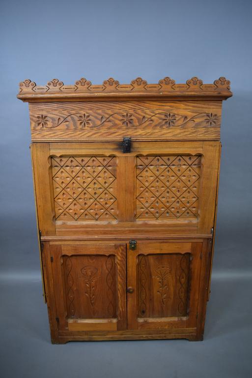UNUSUAL EASTLAKE VIC. OAK DROP FRONT FLOUR CABINET (1 of 6)