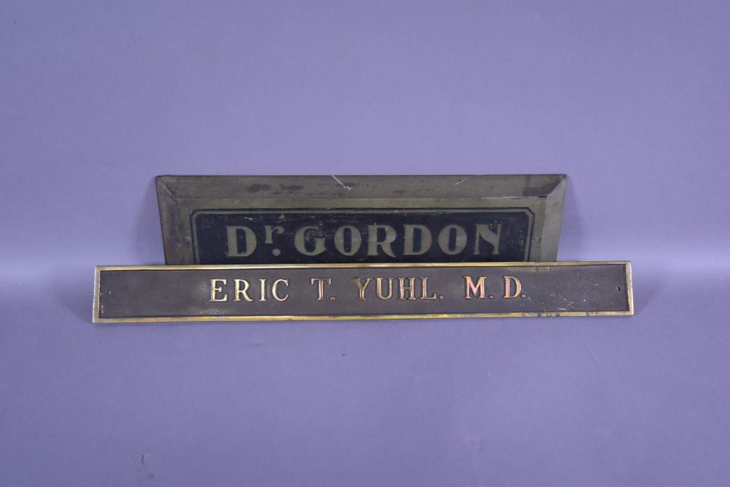 2 METAL DOCTOR DOOR SIGNS: DR. GORDON IS 5 3/4" X 18"--DR. YUHL IS BRONZE & 2 1/2" X 34"