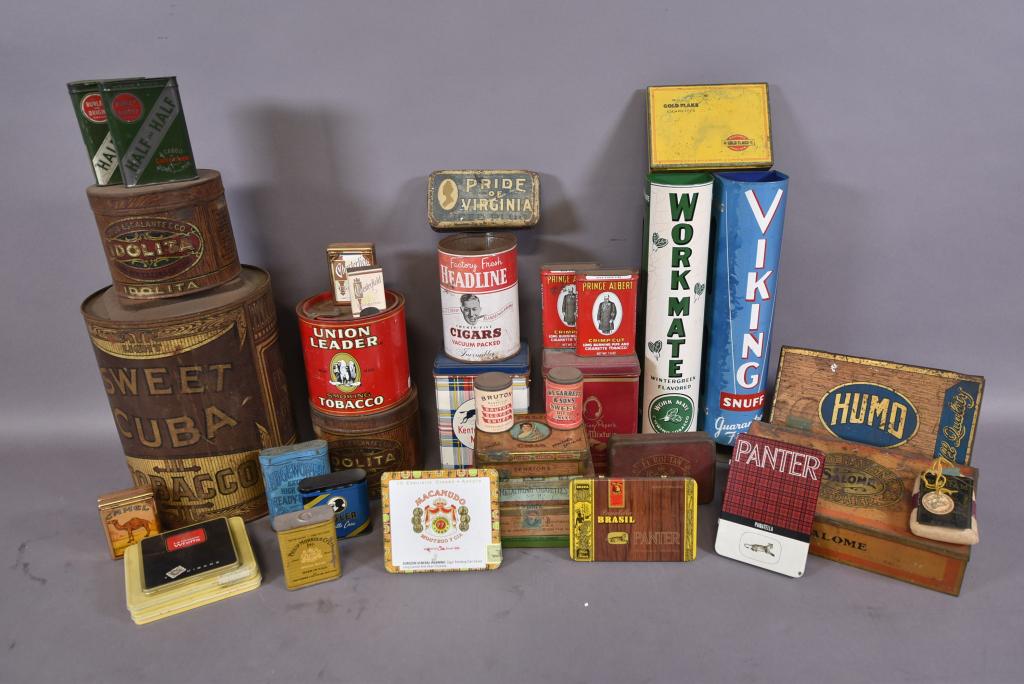 LARGE LOT OF TOBACCO & CIGAR ADVERTISING: TINS, BOXES, DISPLAYS, & CANS