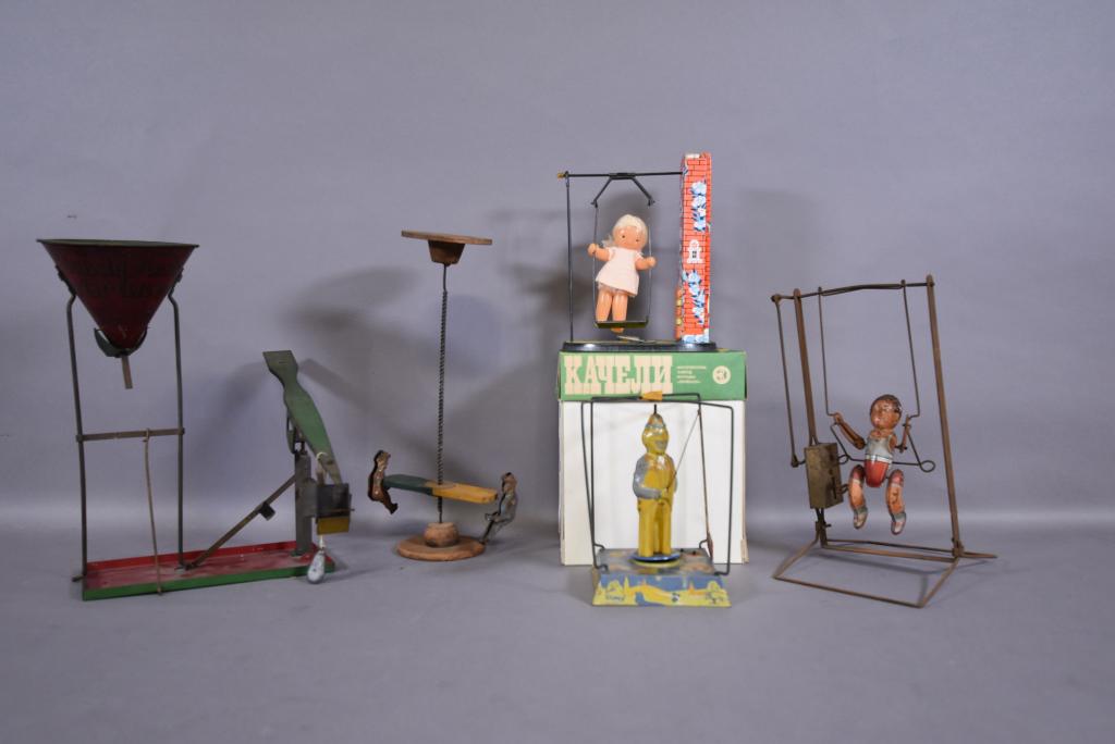LOT OF 5 TIN TOYS: SAND & GRAVEL, SPINNING CLOWN, 2 SWINGING TOYS, & SPINNER TOY
