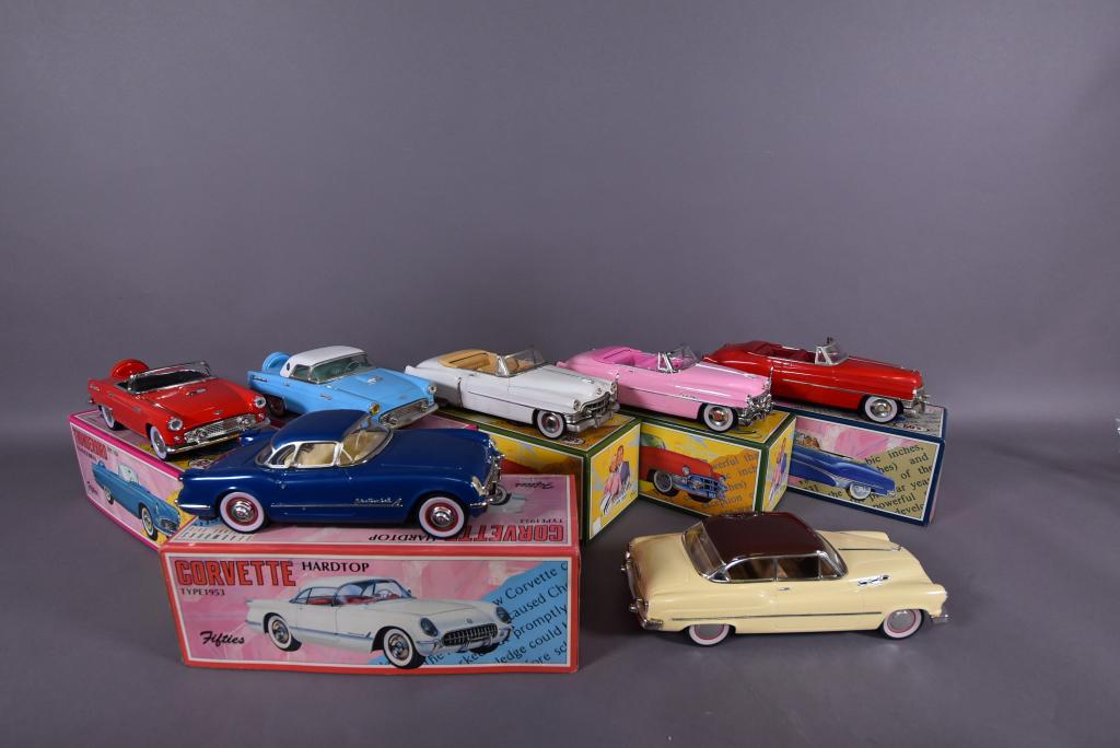 LOT OF 7 TIN LITHO FRICTION CARS BY LEADWORKS: 2 1956 T-BIRDS, 1953 CORVETTE, 2 1950 CADILLAC, 1950 BUICK, 1950 HARD TOP BUICK--12 1/2" X 5" X 4 1/4"--6 HAVE BOXES