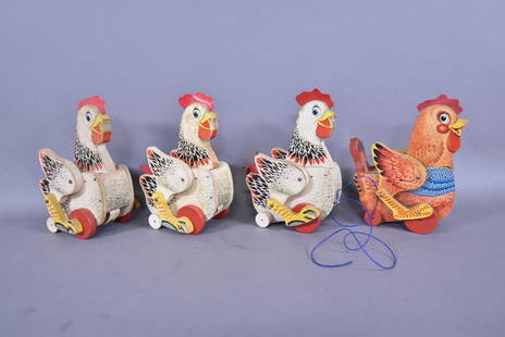 4 VINTAGE FISHER PRICE CHICKEN PULL TOYS: 3 CACKLING HENS #120 & 1 KATY KACKLER #140 6 1/2" X 5" X 9 1/2"--FLAKING TO PAINT & 3 MISSING PULL STRINGS