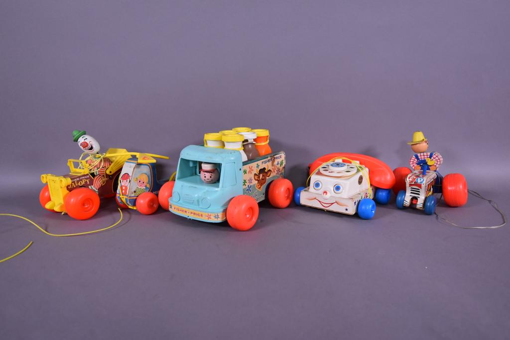 5 VINTAGE FISHER PRICE VEHICLE PULL TOYS: MINI COPTER #448, JALOPY #724, THE MILK WAGON #131, CHATTER TELEPHONE #747, & MIGHTY TRACTOR #629--SOME LOSS TO DECALS