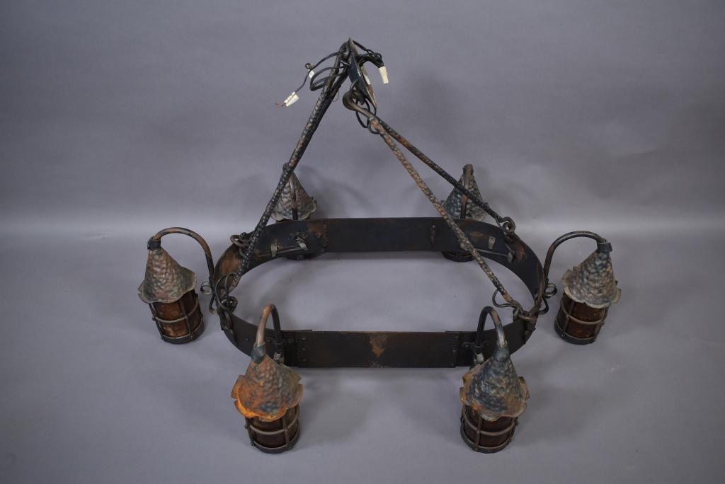 SPANISH STYLE HANGING METAL LIGHT W/ MICA SHADES (1 of 4)