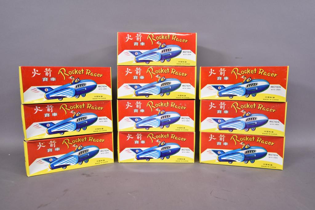 LOT OF 10 TIN FRICTION ROCKET RACERS: ALL WITH ORIGINAL BOXES
