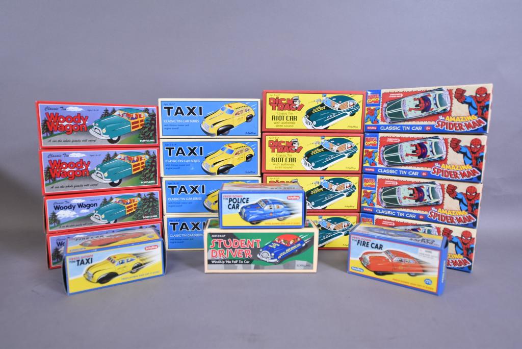 20 SCHYLLING TIN TOY CARS IN ORIGINAL BOXES: FRICTION & WIND UPS--DICK TRACY, WOODY, SPIDERMAN, TAXIS, & MORE
