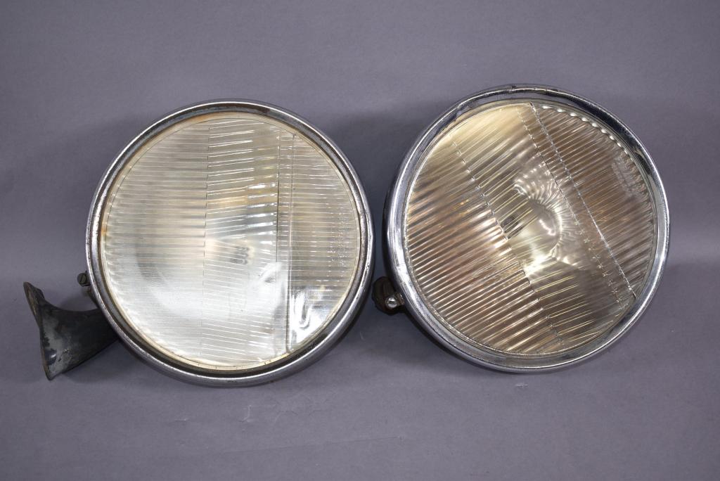 PR. PARABEAM STUTZ TEAR DROP HEADLIGHTS: ONE HAS BRACKET W/ GOOD GLASS -- DENT TO METAL -- 11" DIAMETER