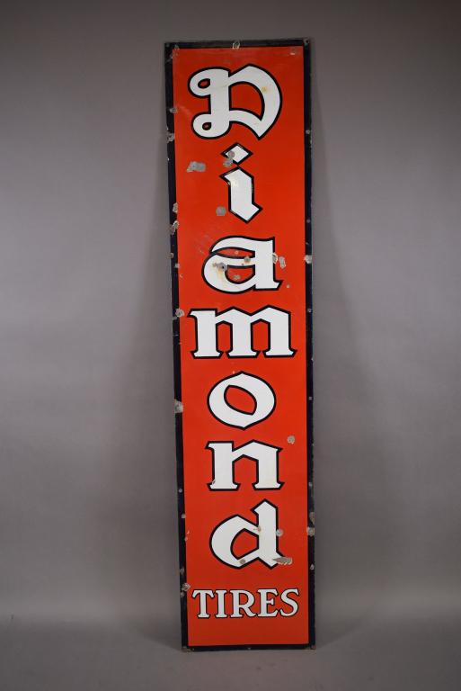 DIAMOND TIRES SSP PORCELAIN SIGN: 17 3/4" X 77 3/4"--CHIPS, SCRATCHES, & HOLES