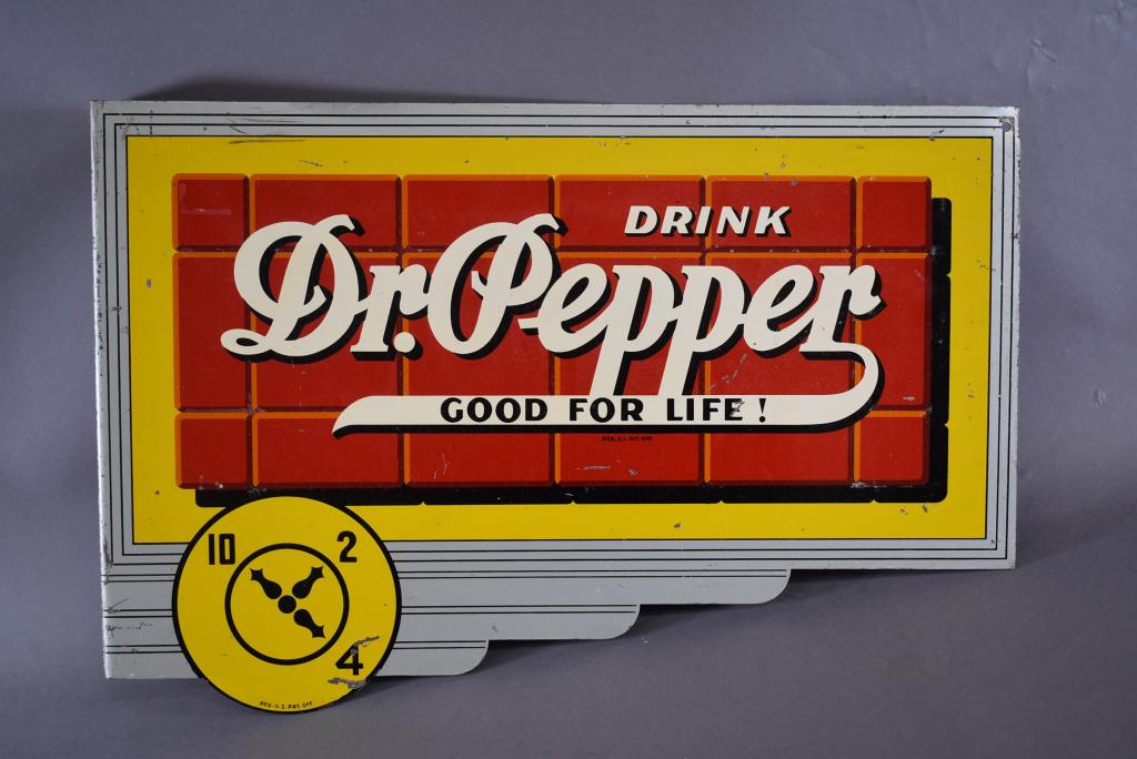DRINK DR. PEPPER GOOD FOR TIME TIN FLANGE SIGN: 24" X 16"--SOME PAINT LOSS & SCRATCHES
