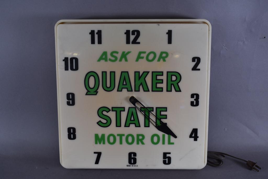 QUAKER STATE MOTOR OIL CLOCK: 16" X 16"--DUALITE MFG. CO.--WORKING--ALL CLOCKS SOLD ASIS WITH NO GUARANTEE OF WORKING ORDER