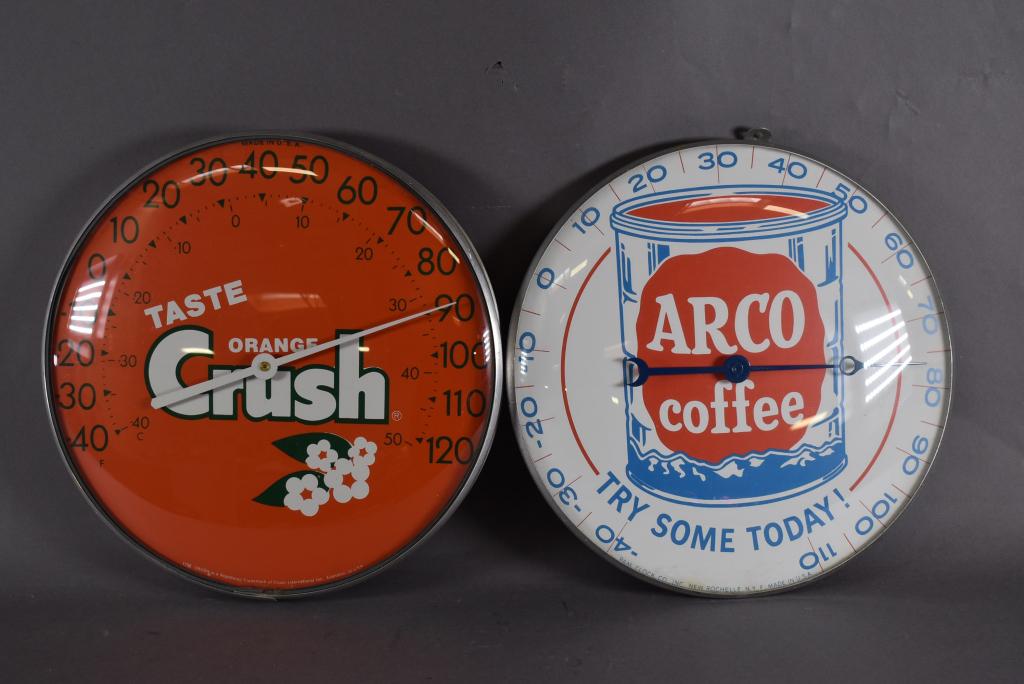 2 ROUND THERMOMETERS (ORANGE CRUSH & ARCO COFFEE): 12" DIAMETER