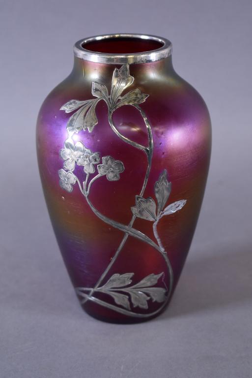 SILVER OVERLAY ART GLASS VASE POSSIBLY LOETZ (1 of 3)