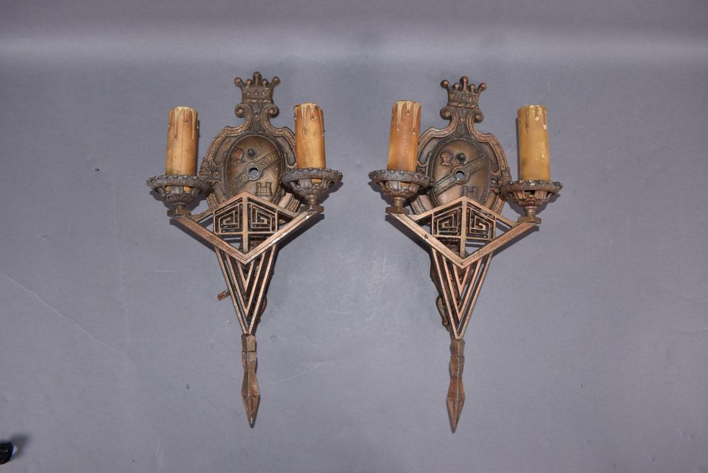 PAIR 1920'S CAST METAL WALL SCONCES (1 of 3)