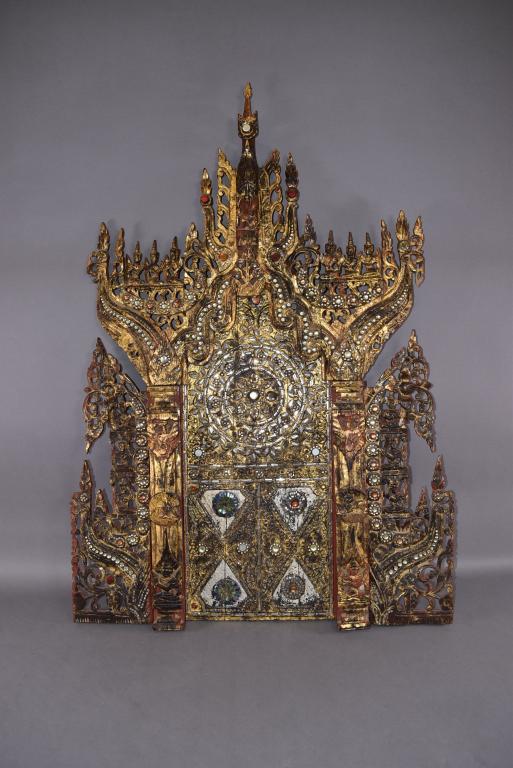 CARVED WOOD JEWELED THAI CEREMONIAL PANEL: 36" X 50"--SOME DAMAGE