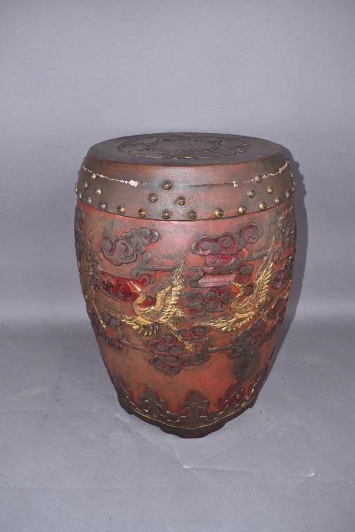 CARVED WOOD CHINESE GARDEN SEAT: 20" TALL--CRANE & FLORAL DESIGN