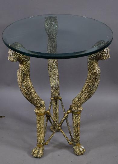CAST METAL GLASS TOP SIDE TABLE W/ ANIMAL DEC. (1 of 2)