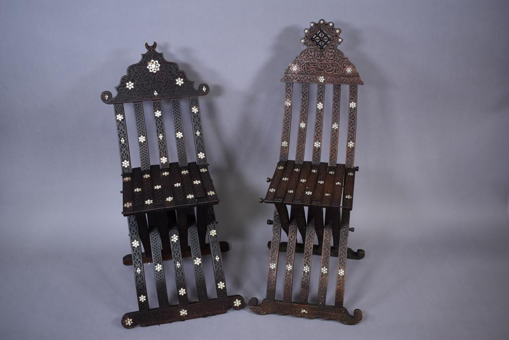 2 MOTHER OF PEARL INLAID MOORISH SIDE CHAIRS: 23" 17" X 36" & 17" X 24" X 39"--1 HAS REPAIR TO TOP