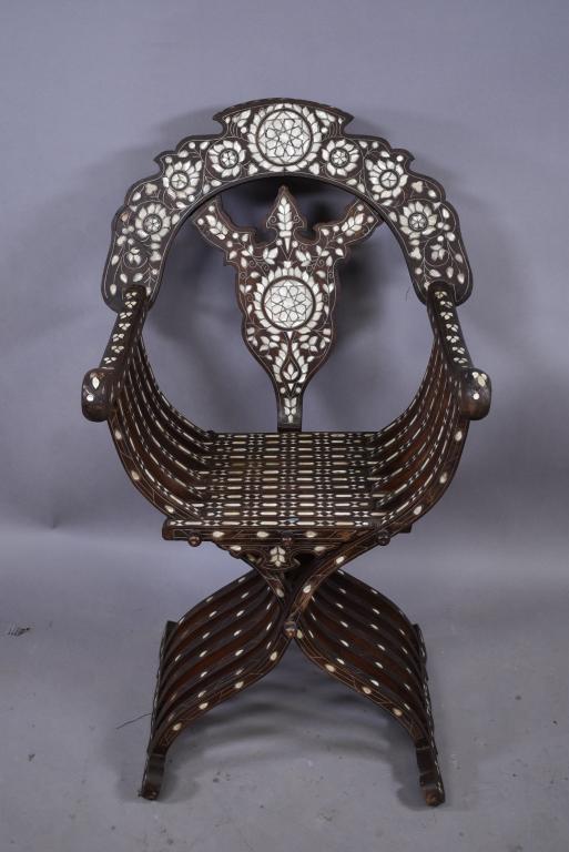 MOTHER OF PEARL INLAID MOORISH ARMCHAIR: 25 1/2" X 24" X 42"