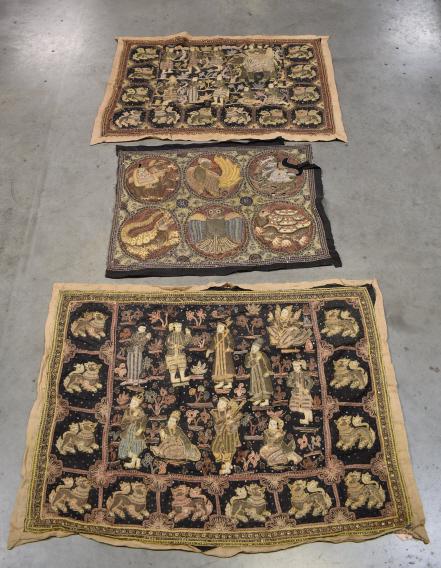 3 BURMESE KALAGA EMBROIDERIES W/ FIGURES & ANIMALS: 55" X 40"--39" X 32"--52" X 39"--SOME DAMAGE