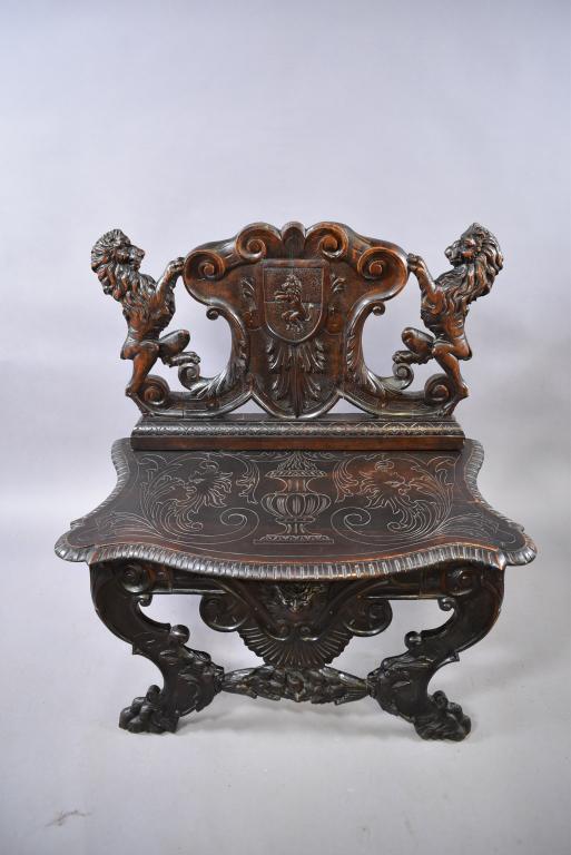 LATE 1800'S CARVED WALNUT SPANISH STYLE BENCH (1 of 4)
