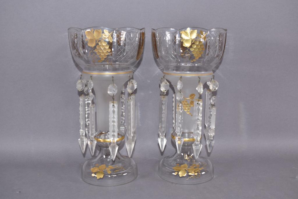 PAIR ETCHED CRYSTAL PRISM MANTLE LUSTERS: 12" TALL X 6" DIAMETER--NICE GOLD GILT DECORATION--SOME PRISMS ARE MISMATCHED & HAVE CHIPS