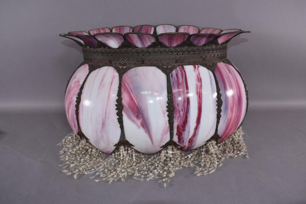 HANGING SLAG GLASS SHADE: 22 1/2" WIDE X 14 1/2" DEEP X 14" TALL--NO SOCKETS SHADE ONLY