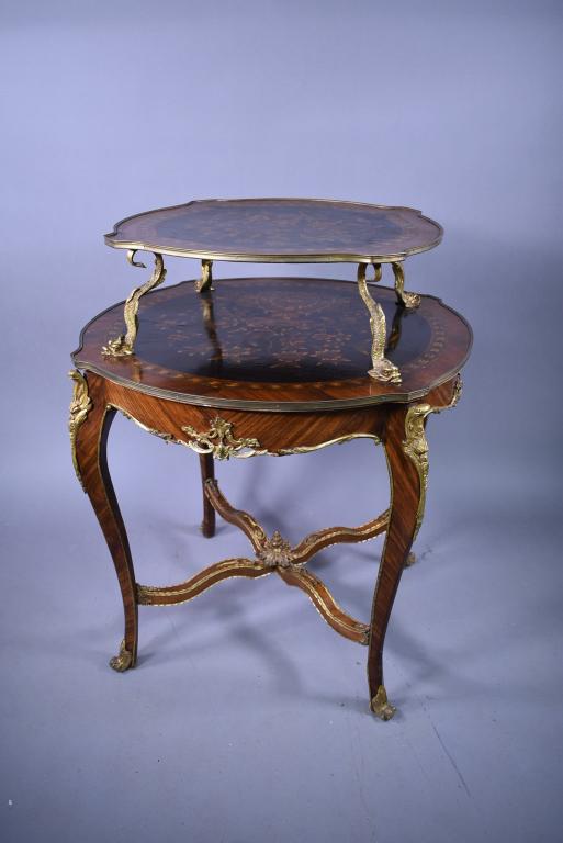 INLAID 2 TIER FRENCH TABLE WITH BRONZE ORMOLU (1 of 5)