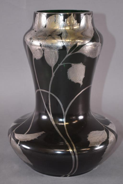 LARGE EMERALD GREEN VASE W/ STERLING OVERLAY (1 of 2)