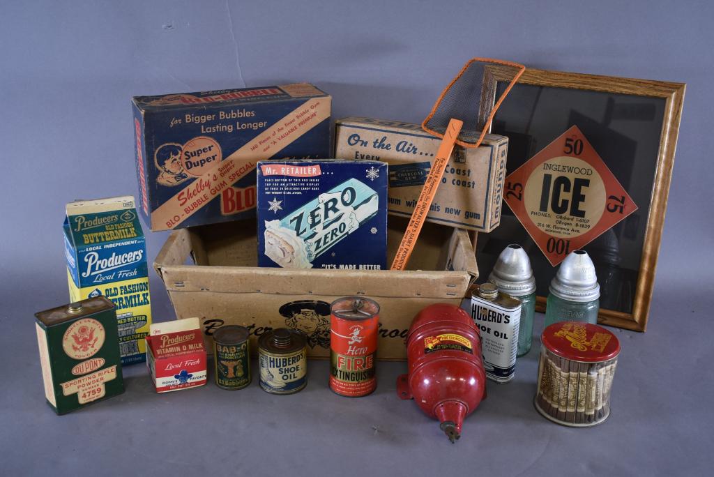 LOT OF ANTIQUE ADVERTISING ITEMS: SHELBY'S GUM, PETER PAUL CANDY, INGLEWOOD ICE CO. CALIFORNIA, DUPONT RIFLE POWDER, BUSTER BROWN, HOPALONG CASSIDY, ALOX SHOE LACES, & MORE