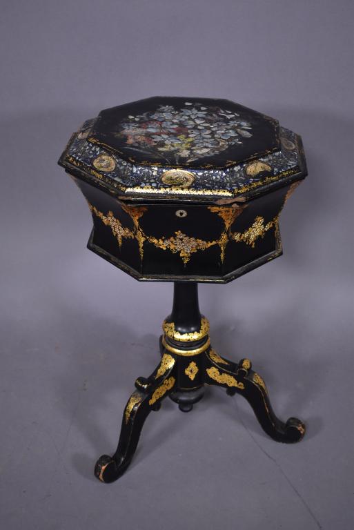 VICTORIAN PAPIER MACHE FLIP TOP SEWING STAND (1 of 6)