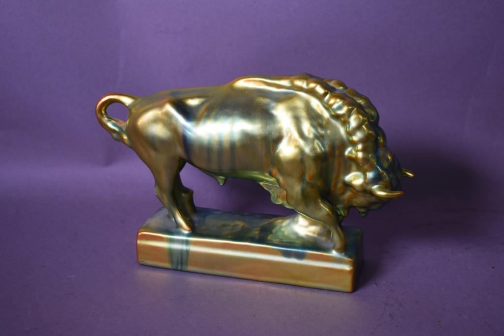 ZSOLNAY BUFFALO FIGURINE: SIGNED ON BOTTOM