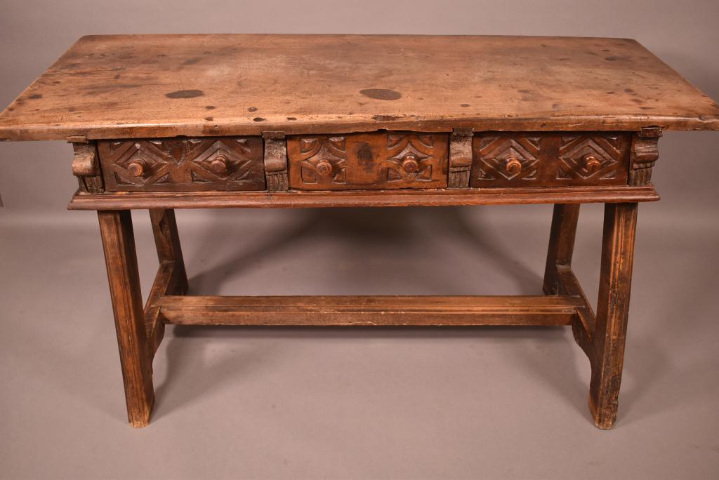 19TH C. SPANISH COLONIAL 3 DRAWER TABLE: 58" X 25" X 30"--NORMAL WEAR INCLUDING STAINS
