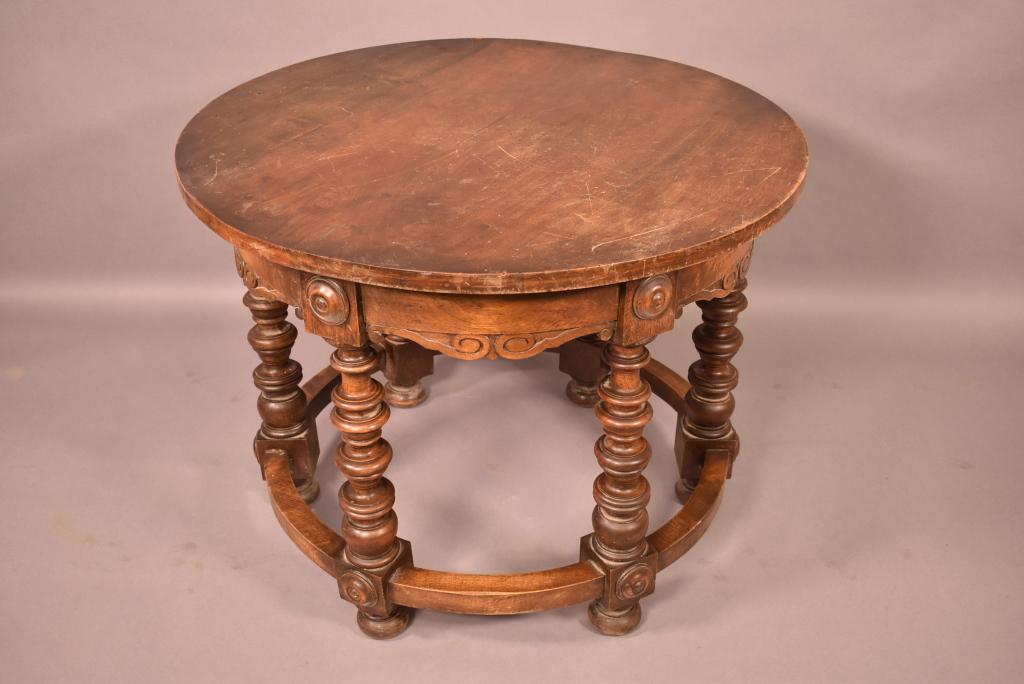 SPANISH COLONIAL ROUND SIDE TABLE: 30 1/2" DIAMETER X 22 1/2" TALL--TOP IS WORN--SOME SCRATCHES