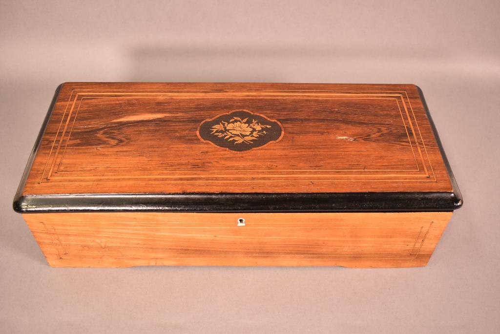 ANTIQUE INLAID SWISS CYLINDER MUSIC BOX: 20" X 9" X 5 1/2"--HAS 5 BROKEN TEETH ON COMB--WORKS BUT STOPS (NEEDS SOME SORT OF CLEANING OR ADJUSTMENT)