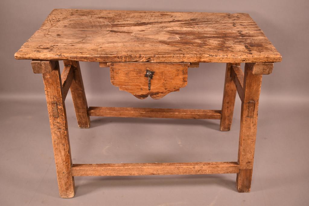 18TH C. SINGLE DRAWER WORK TABLE: 2 PIECE TOP W/ SOME WARPING -- HAND MADE MORTISE & TENON CONSTRUCTION -- REPAIR TO LOWER LEG -- 42" x 24" x 30
