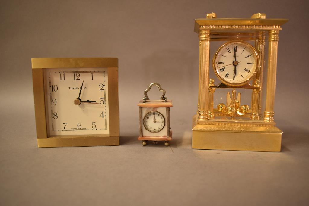 3 VINTAGE DESK CLOCKS INCL.: TIFFANY: 1 W/ MOTHER OF PEARL ACCENTS -- 1 TIFFANY & CO. -- 1 BULOVA