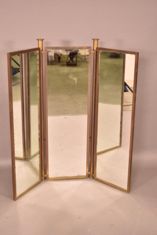 3 PANEL DRESSING MIRROR IN BRASS FRAME: ALL MIRRORS HAVE WEAR -- 41" x 40"