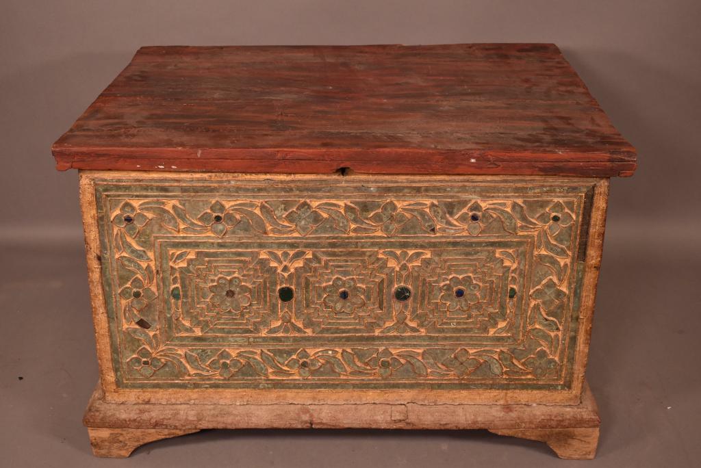19TH C. BURMESE TRUNK: SEPERATION AT BASE -- SOME PAINT LOSS -- NORMAL AGE WEAR TO TRUNK -- HINGES BROKEN -- 38" x 27" 22 1/2"