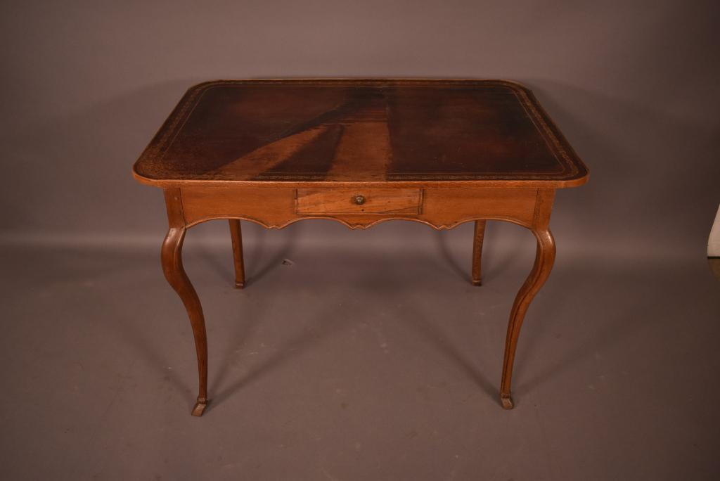 18TH C. FRENCH PARTNERS DESK W/ LEATHER TOP: TOP IS STAINED --FINISH IS IN GOOD CONDITION -- 38" x 26" x 28"