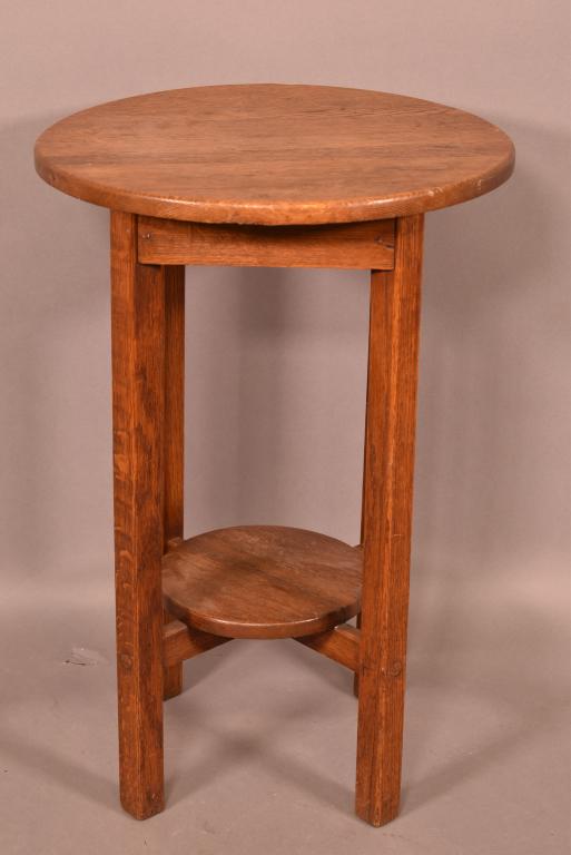 ARTS AND CRAFTS OAK DRINK STAND: BOTTOM SHELF HAS SPLIT TO WOOD -- LABEL ON UNDERSIDE -- 27" H x 18" DIAM