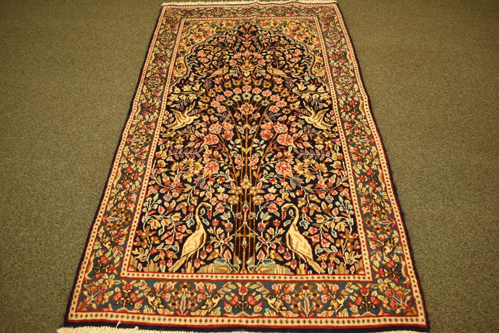 APPROX. 6'9" x 3'10" KERMAN HANDMADE PERSIAN RUG: TREE OF LIFE DESIGN -- GOOD CLEAN RUG