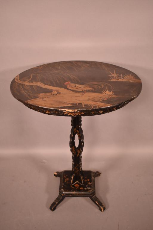 19TH C. JAPANESE TILT TABLE: MISSING SECTION OF EDGE -- PAINT LOSS & WEAR TO BASE -- 24" DIAM x 29" H--ROOSTER DESIGN