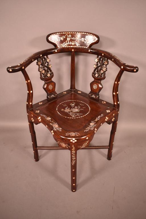 CHINESE CORNER CHAIR W/ MOTHER OF PEARL INLAY: FINISH IS IN GREAT CONDITION -- NO MISSING INLAY -- 26" W x 33" H