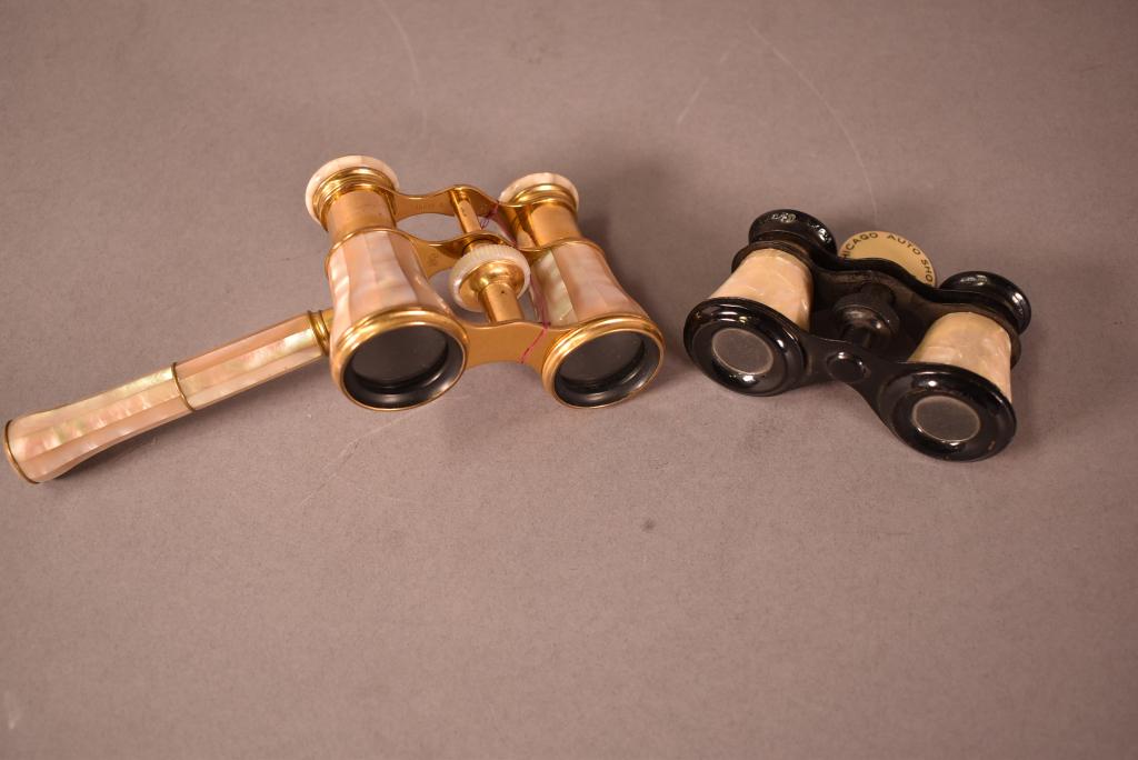 2 PAIRS OF ANTIQUE OPERA GLASSES: 1 CHICAGO AUTO SHOW GIVEAWAY SET--1 FRENCH SET W/ HANDLE