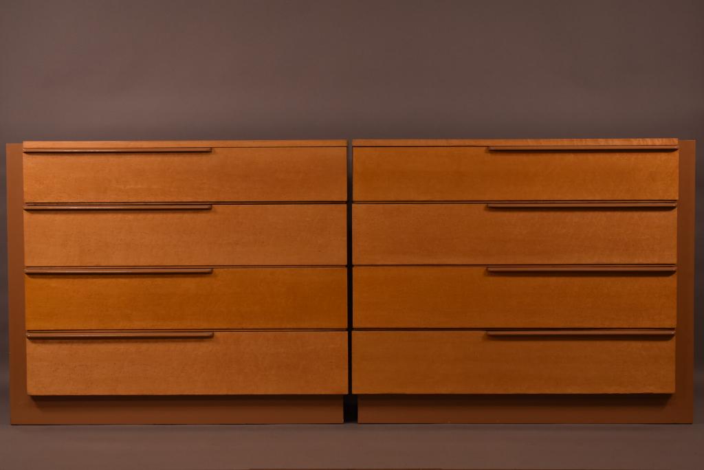 PR. DRESSERS BY GILBERT ROHDE FOR HERMAN MILLER: 43" X 19" X 36"--BIRDSEYE MAPLE WITH PAINTED BASES, SIDES, & DRAWER PULLS--1 DRESSER TOP HAS SMALL MARK--#3626 & #3627