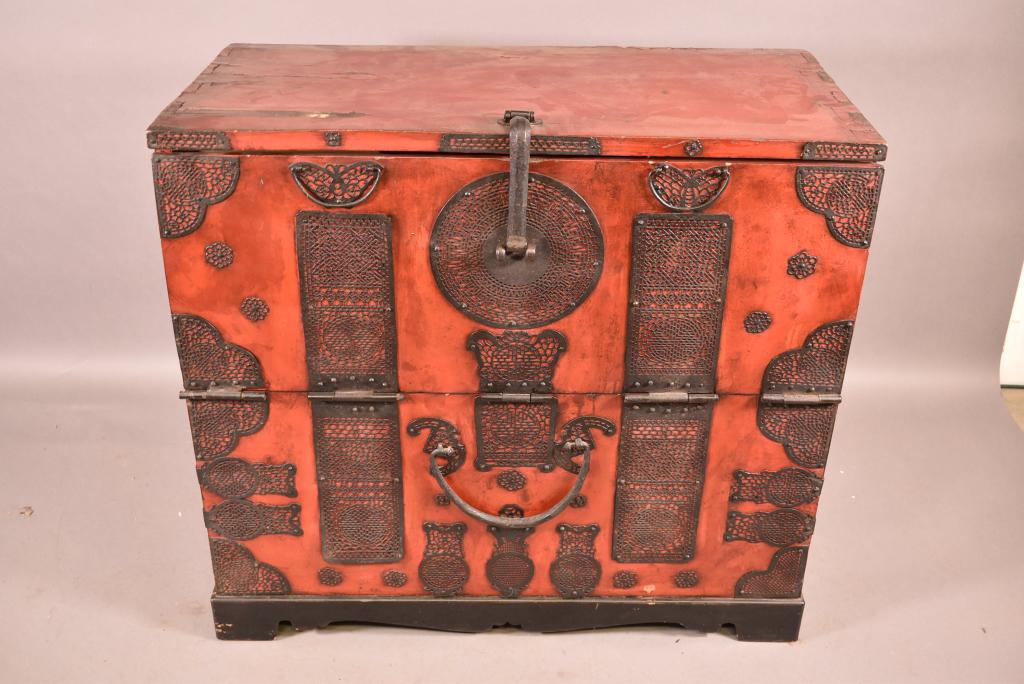 ANTIQUE KOREAN DROP FRONT CHEST OR TRUNK: 35" X 18" X 33"--HAS NICE METAL APPLIED DECORATION